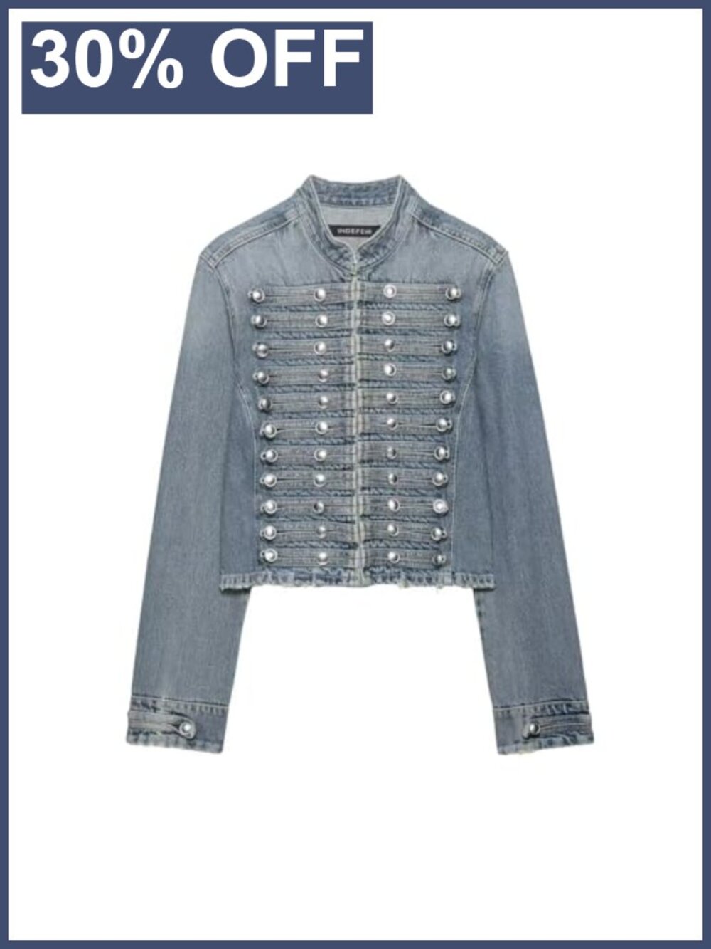 Cropped Fitted Denim Jacket Military Band Collar Metal Hook Closure